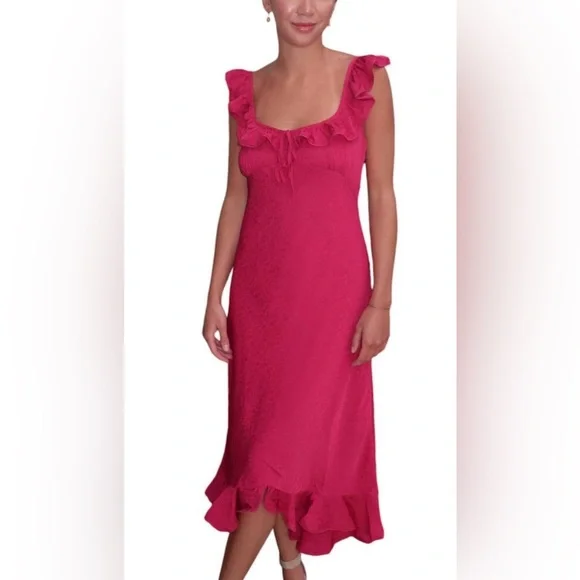 Loucia Pink Ruffle Midi Dress | Romantic Date Night, Cocktail Holiday NWT Size M - Picture 1 of 12
